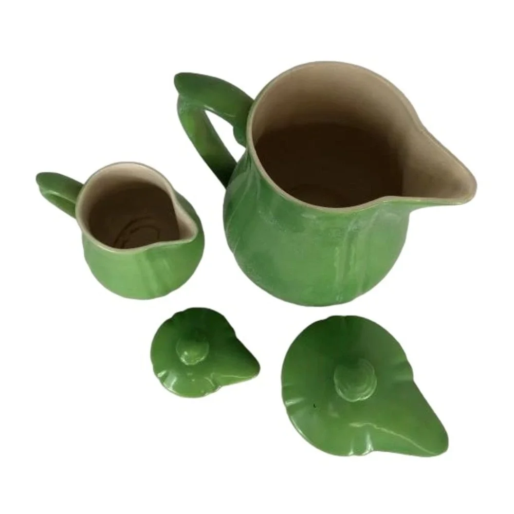 2 PC ANTIQUE 6 in GREEN  TEAPOT‎ & CREAMER - MADE IN JAPAN
